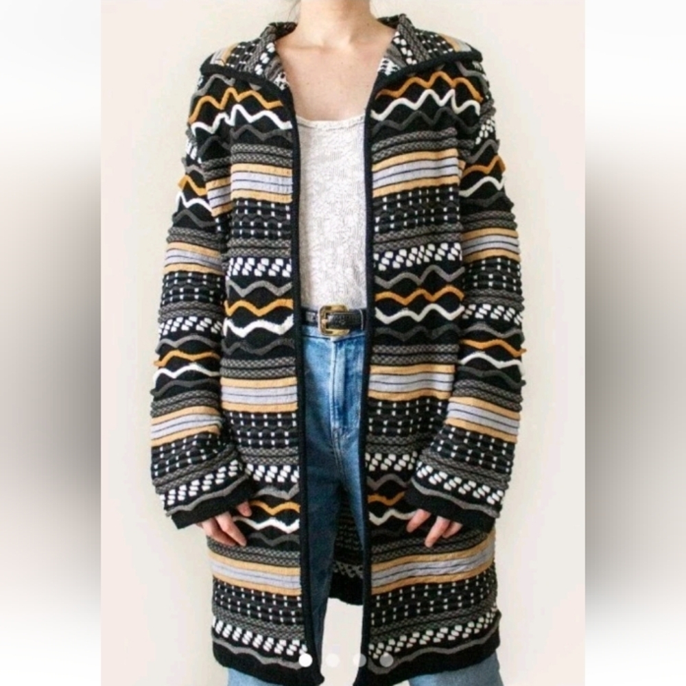 SIONI OPEN BOHO CARDIGAN SZ M ORANGE BLACK KNIT WESTERN LONG SLEEVE BOHEMIAN